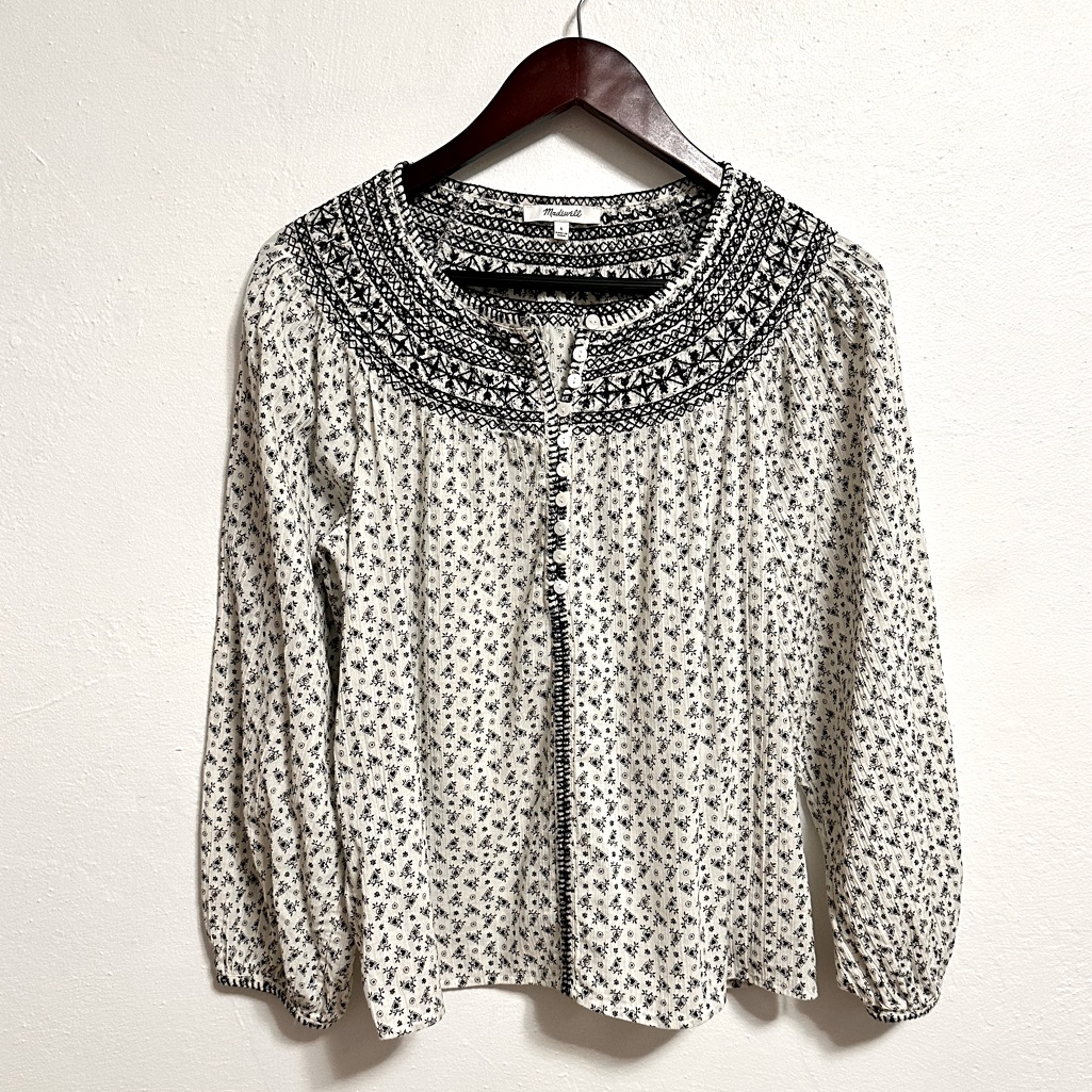 Madewell Women’s Embroidered Crinkle Cotton Long Sleeve Floral Top Blouse